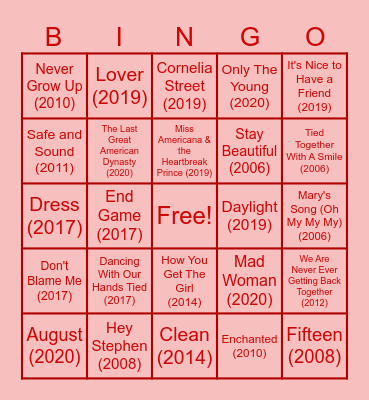 Taylor Swift BINGO Card