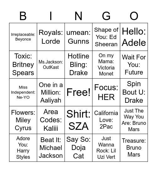 Song Bingo Card