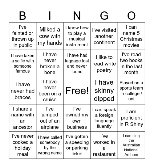 Life Experiences Bingo Card