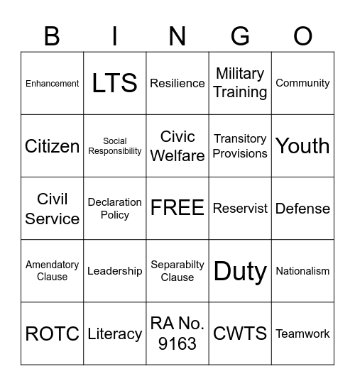 NSTP Law Bingo Card