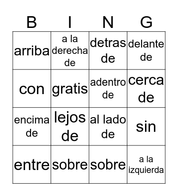 Preposiciones Bingo Card