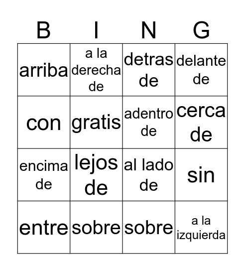 Preposiciones Bingo Card