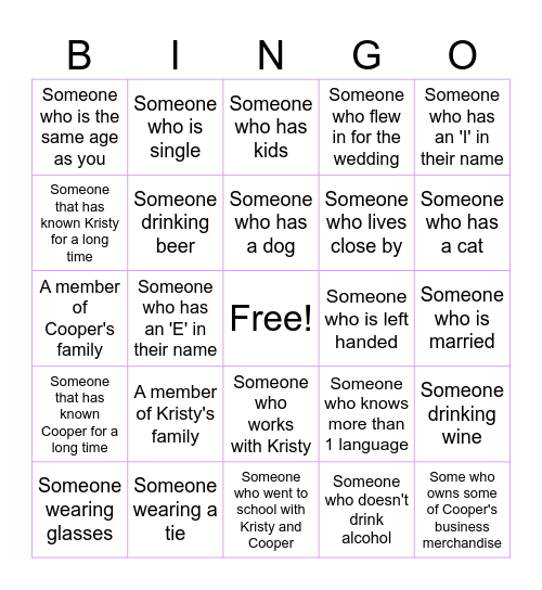 Wedding Guest Bingo! Bingo Card