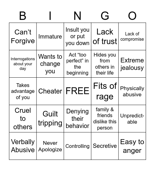 Relationship Red Flag Bingo Card