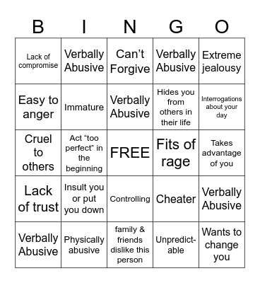Relationship Red Flag Bingo Card