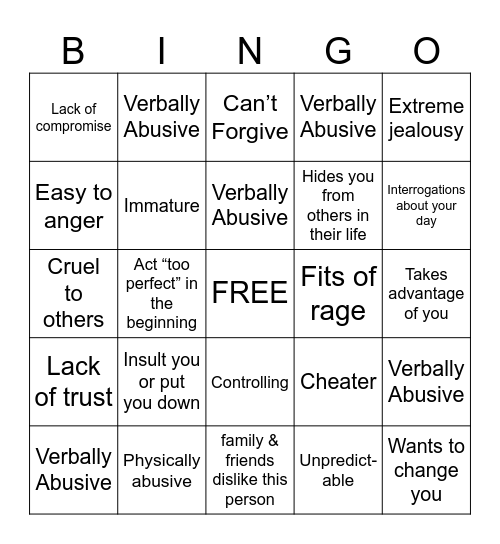 Relationship Red Flag Bingo Card