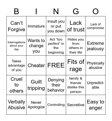 Relationship Red Flag Bingo Card