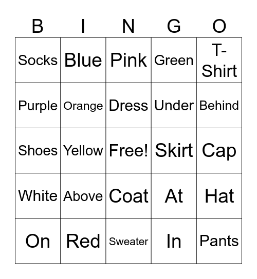 Colors, Clothing, and Prepositions Bingo Card