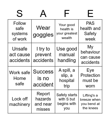 PAS Health and Safety Bingo Card