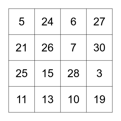 French Numbers 1-31 Bingo Card