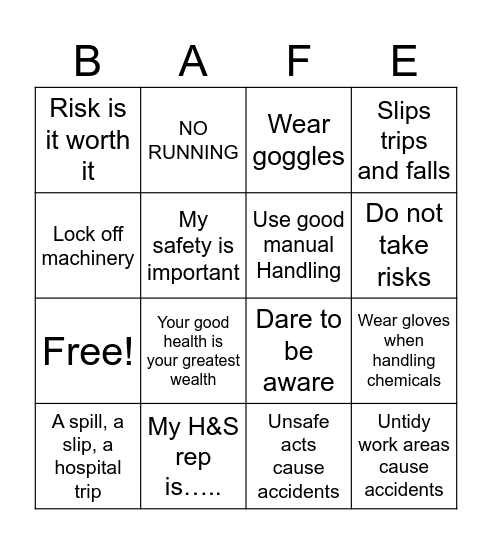 PAS Health and Safety Week Bingo Card
