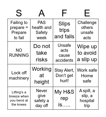 PAS Health and Safety Bingo Card