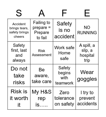 PAS Health and Safety Bingo Card