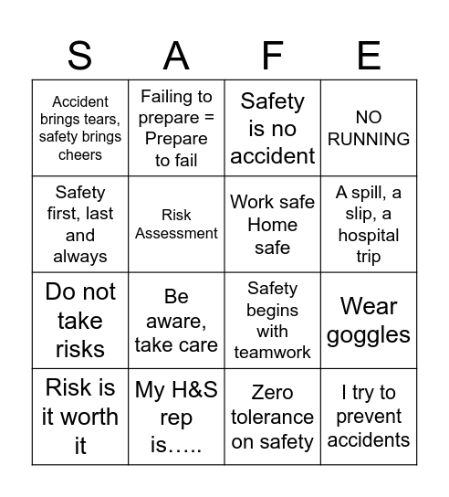 PAS Health and Safety Bingo Card