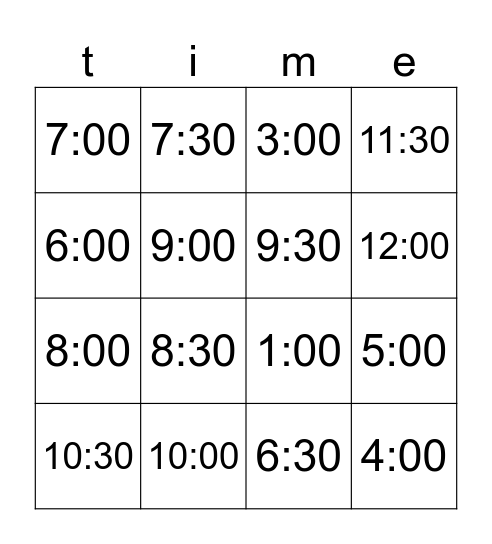 What time do you ...? Bingo Card