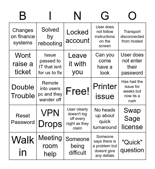 Help Desk Bingo Card