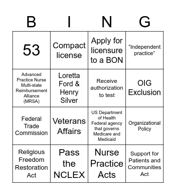 Health Policy Bingo Card