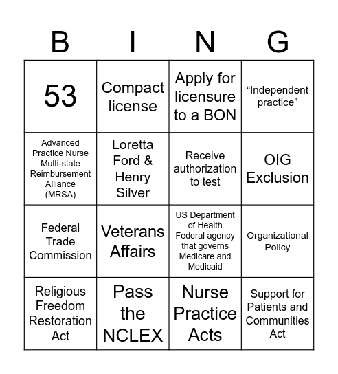 Health Policy Bingo Card