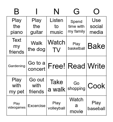 Free time activities Bingo Card