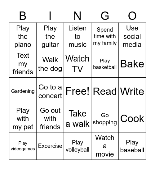 Free time activities Bingo Card