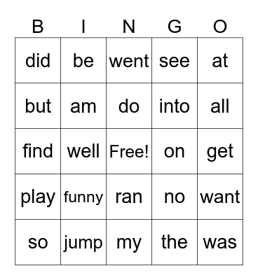 Letter Patterns High Frequency Words Bingo Card