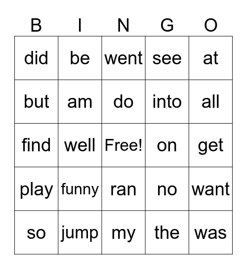 Letter Patterns High Frequency Words Bingo Card