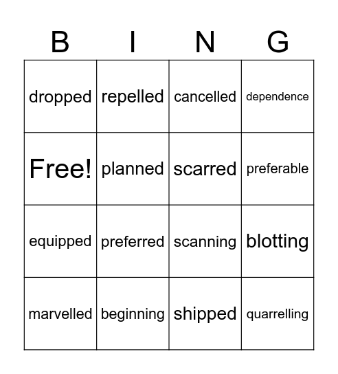 Spelling words bingo Card