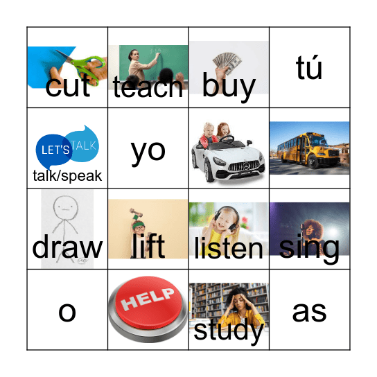 School verbs AYUDAR-LLEGAR (yo, tú forms) Bingo Card