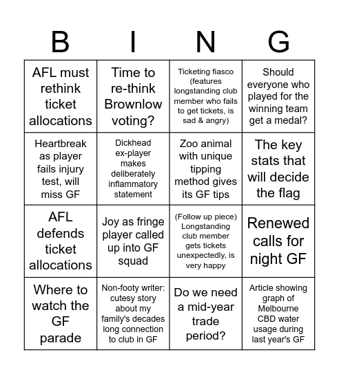 AFL GF Week Media Article Bingo Card