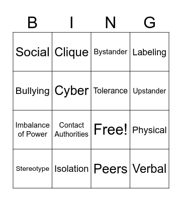 Bullying Bing Bingo Card