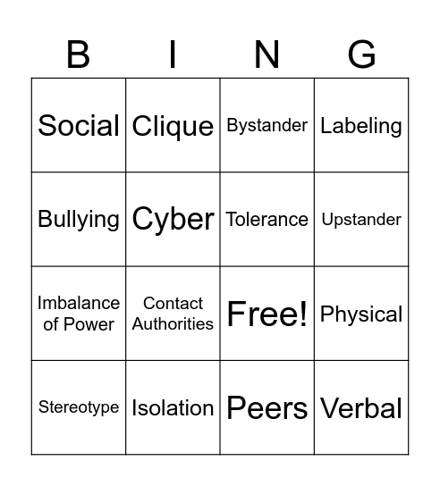 Bullying Bing Bingo Card