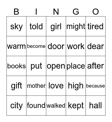 Theme 5 high Frequency Words Bingo Card