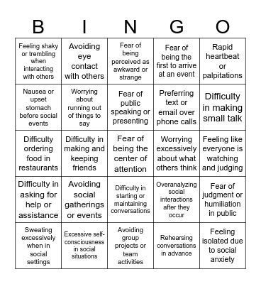 Social anxiety Bingo Card