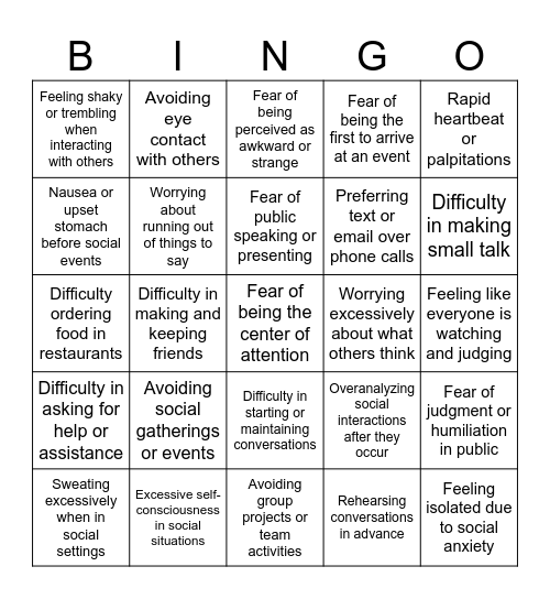 Social anxiety Bingo Card