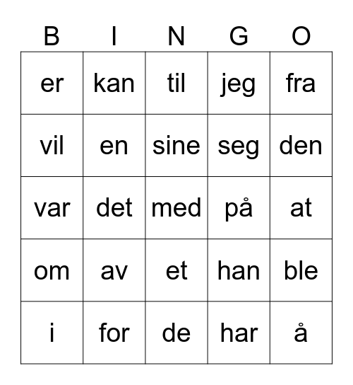 Høyfrekvente ord Bingo Card