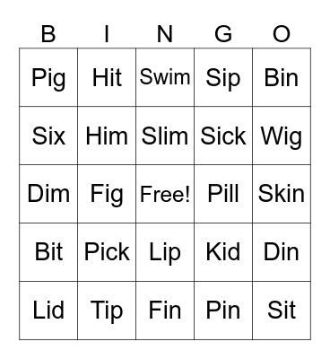 Short I Sound Bingo Card