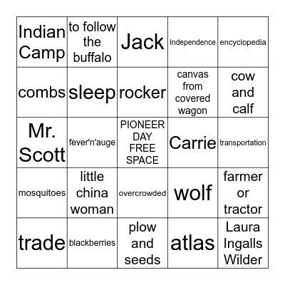 Little House on the Prairie BINGO Card