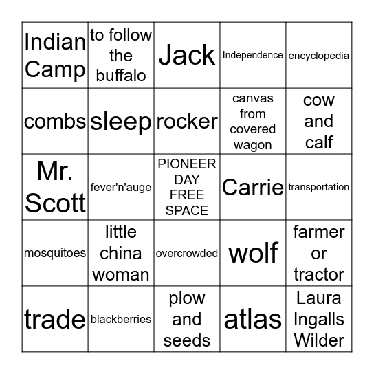 Little House on the Prairie BINGO Card