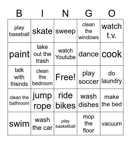 Chores and Hobbies Bingo Card
