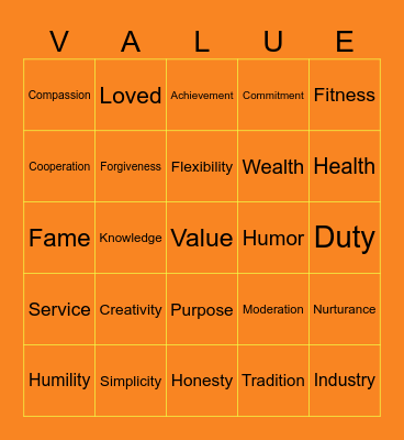 VALUES Bingo Card