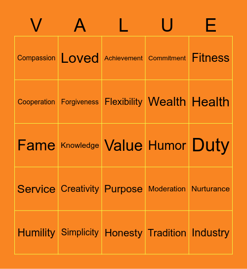 VALUES Bingo Card