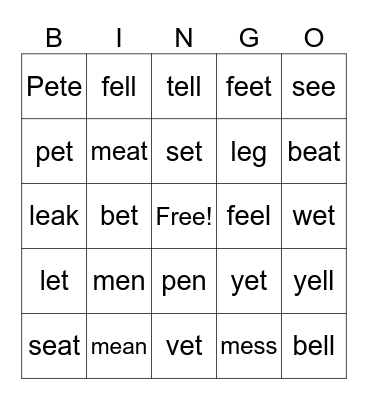 Short and Long E Words Bingo Card