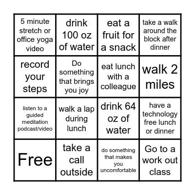 October Wellness Challenge Bingo Card
