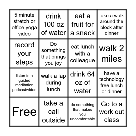 October Wellness Challenge Bingo Card