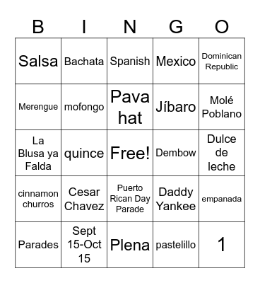 Hispanic Heritage Month Bingo Card