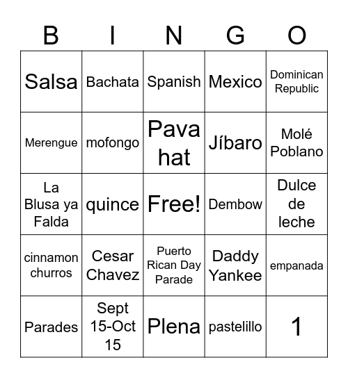Hispanic Heritage Month Bingo Card