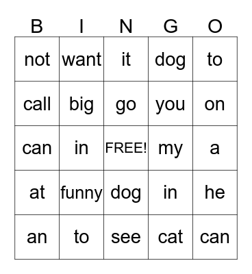 Sight Word Bingo Card