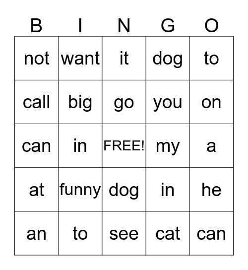 Sight Word Bingo Card