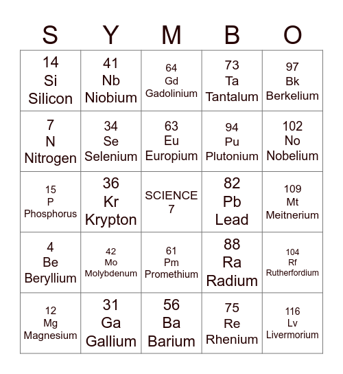 SYMBO SCIENCE 8 Bingo Card