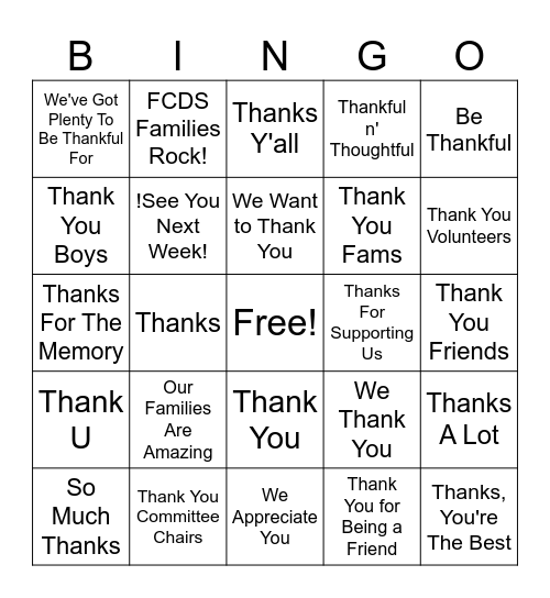 Thank You Songs & Thank You For Supporting FCDS! Bingo Card